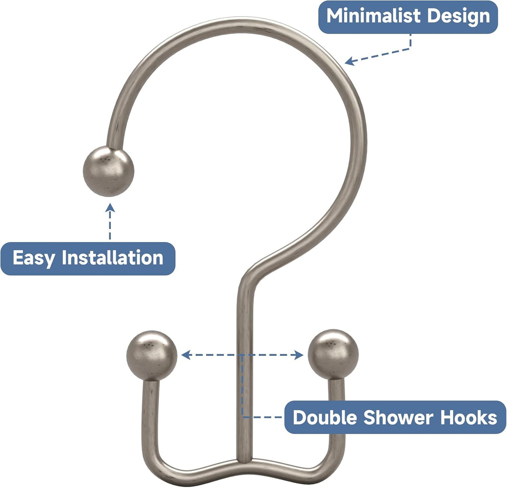 Titanker Shower Curtain Hooks Rings, Rust Resistant Metal Minimalist Simple Double Glide Shower Hooks Rings for Bathroom Shower Rods Curtains, Set of 12 Hooks - Matte Nickel