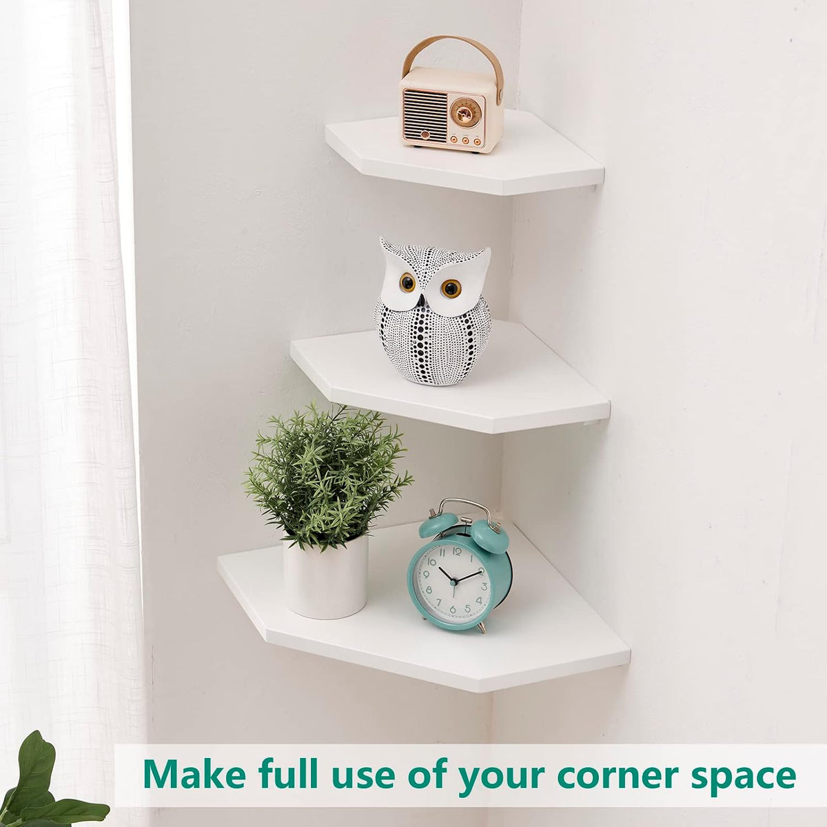 Corner Floating Shelves Set 2 Wire Hole Solid Oak Wood Display Shelf ,White