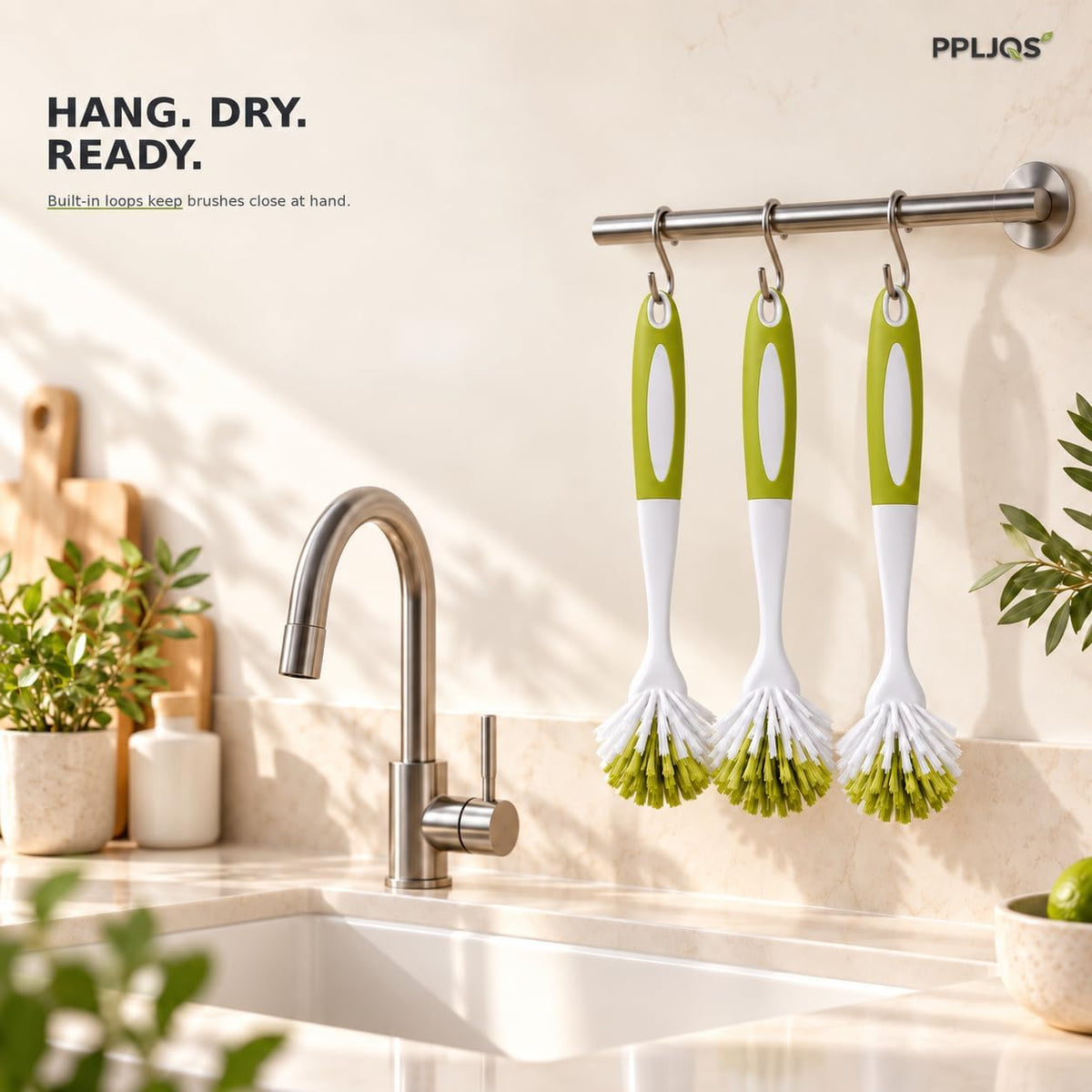Dish Brush Scrub Brush with Handle - 3 Pack Stiff Bristles Dish Scrubber for Cleaning Dishes, Pots, Pans, Sink, Cast Iron - Hard Bristles,No Residue (Green)
