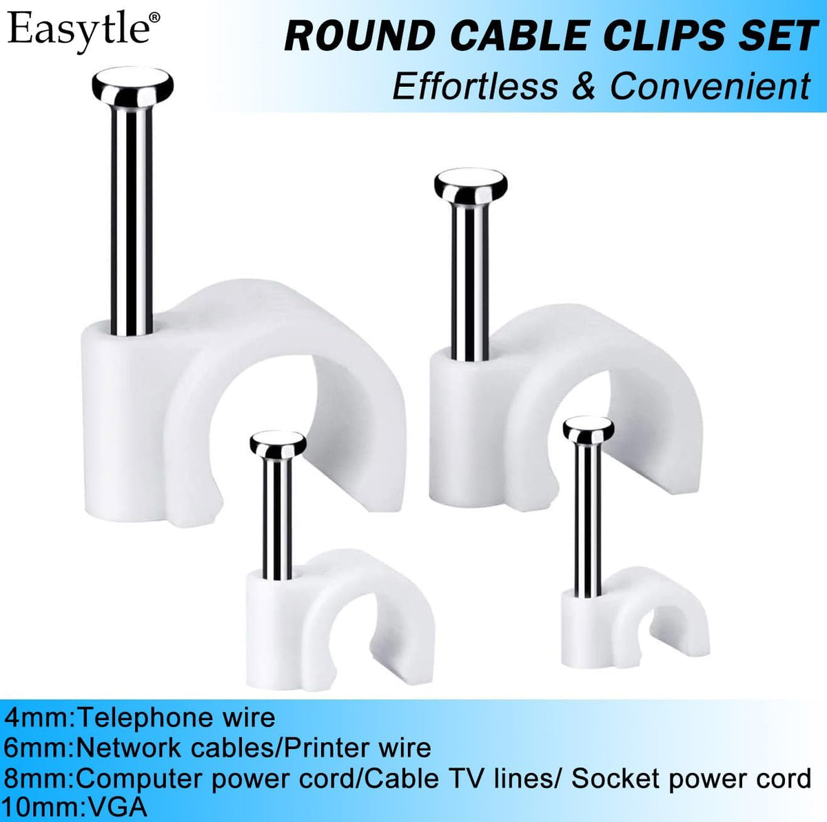 Cable Wire Clips 4mm 6mm 8mm 10mm Cable Management RG6 RG59 CAT5 CAT6 RJ45 Electrical Ethernet Dish TV Speaker Wire Cord Tie Holder Single Coaxial Nail Clamps (Pack of 400)