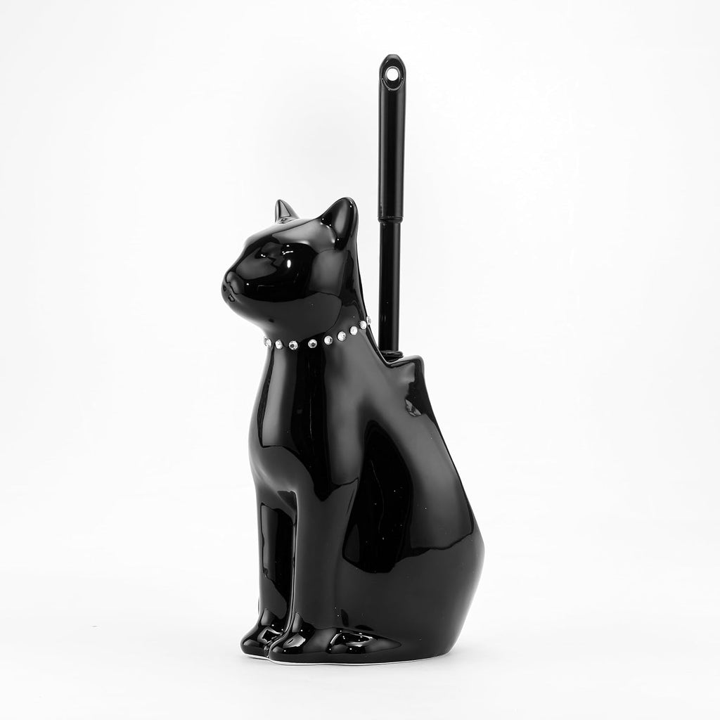 Cat Toilet Brush Holder with 2 Brushes, Ceramic Feline Design Wide-Mouth Storage, Black Toilet Brush Set Freestanding for Bathroom Floor, Easy-Clean Decorative Cat Lover Gift (Black)