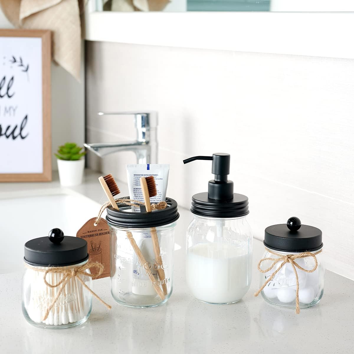 Amolliar Glass Mason Jar Qtip Dispenser Holder/Black, 2 Pack