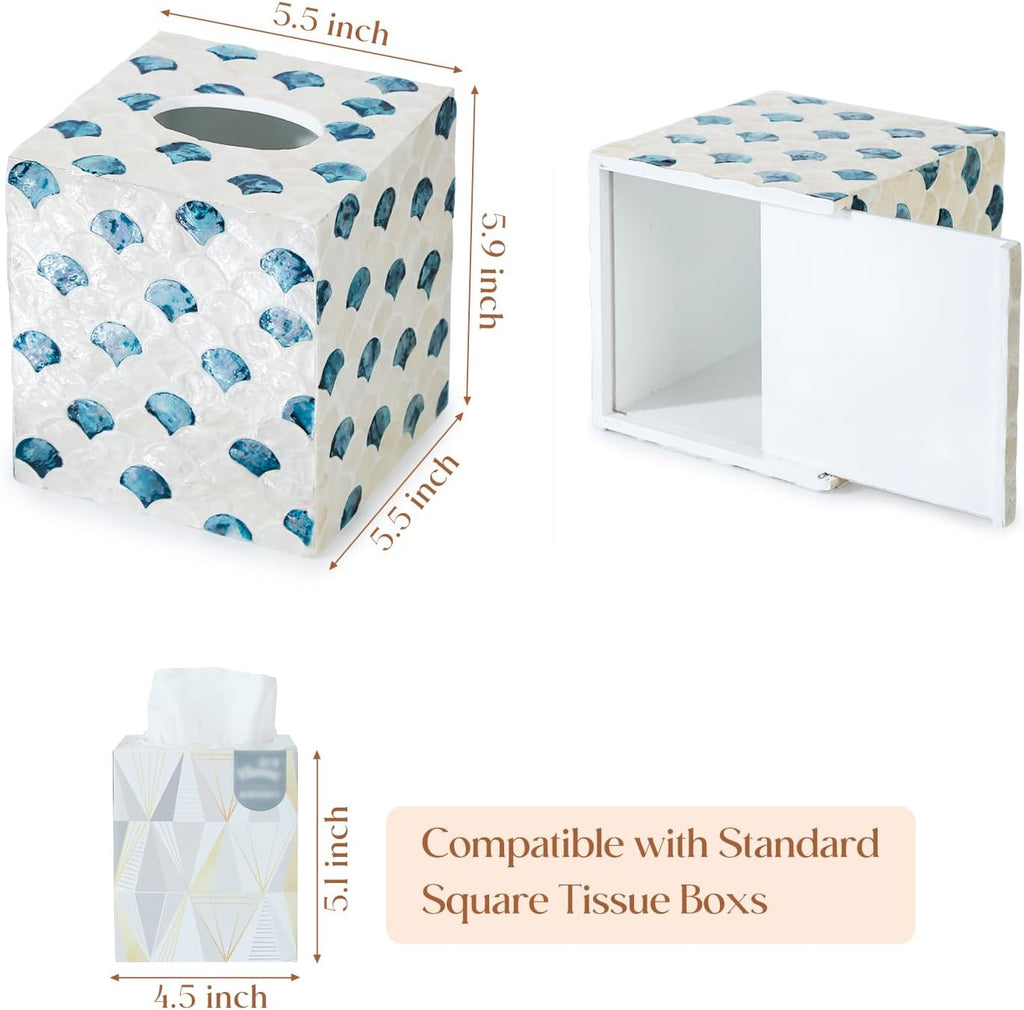YANGQIHOME Capiz Shells Tissue Box Cover, Handmade Decorative Tissue Box Holder with Mother of Pearl, Square Facial Tissue Holder for Bathroom, Living Room, Kitchen, 5.5" x 5.5" x 5.9" (Blue Tide)