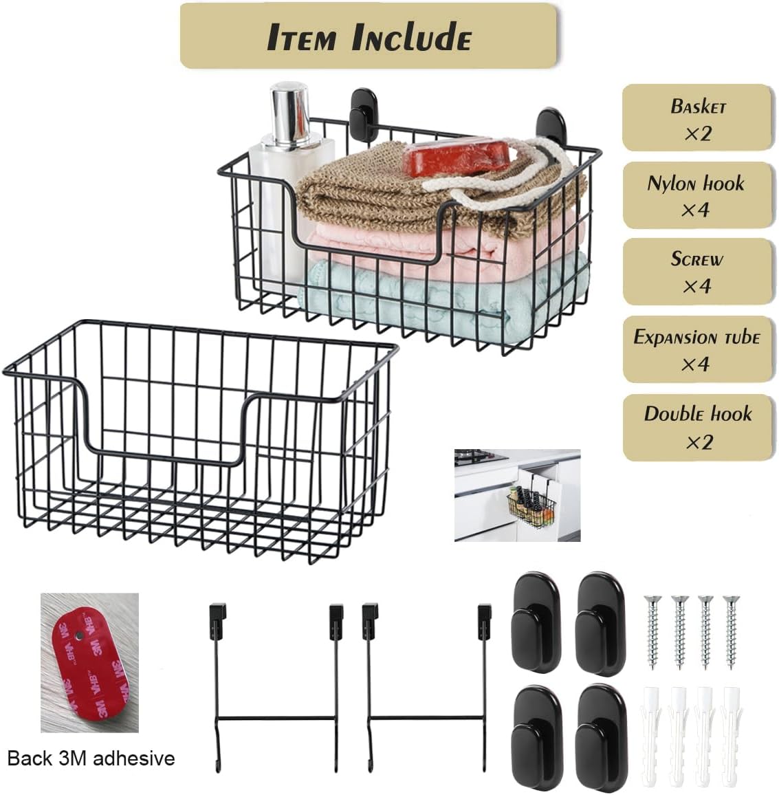 JUNCHU CHERRY Wire Storage Basket 2 Packs, Wall Mounted Kitchen Bathroom, Hanging Cabinet Door Storage Basket, no Drilling, Supporting 2 Types of Hooks, Strong Bearing, Suitable for Home, Black