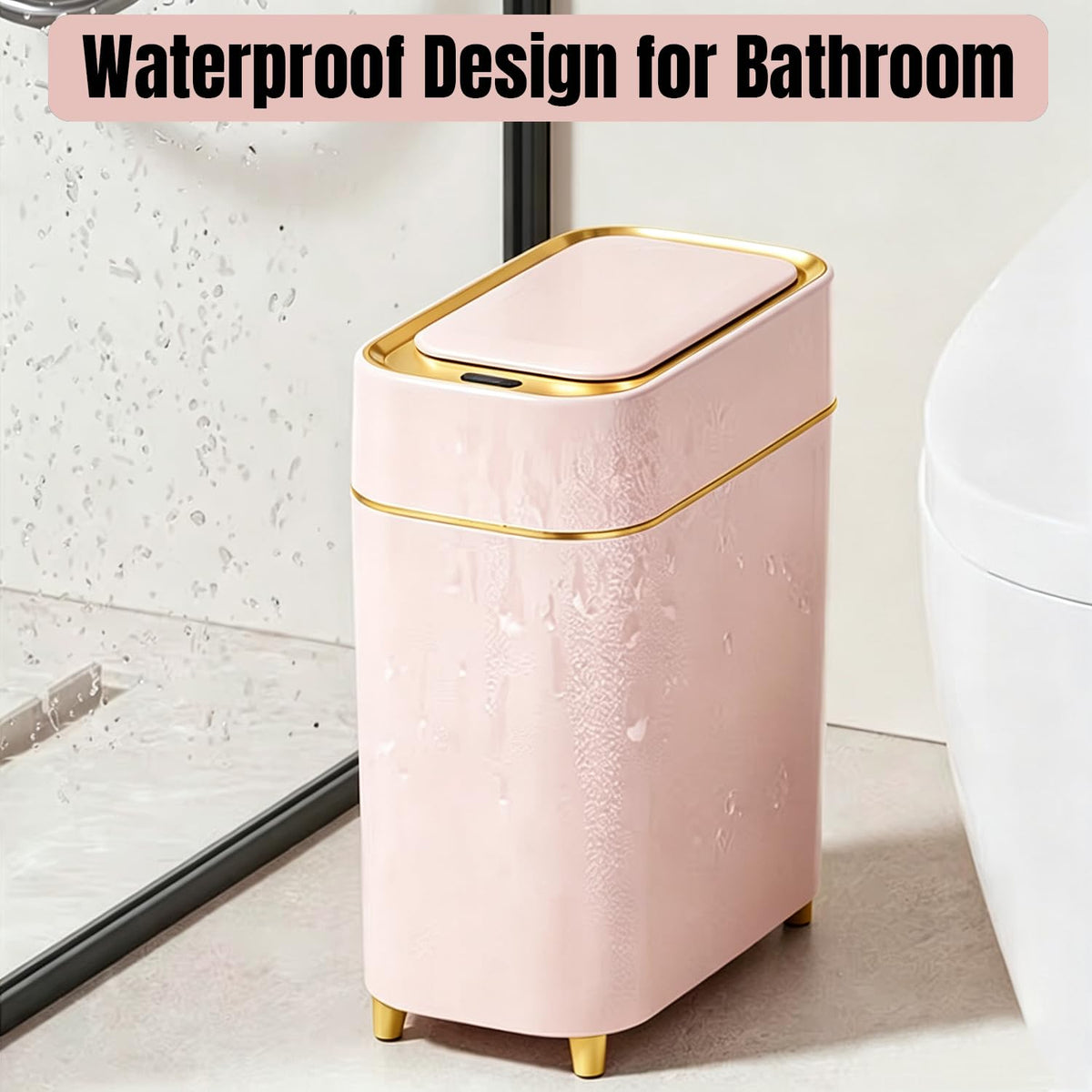 2-Pack Automatic Bathroom Trash Can with Lid, Slim Motion Sensor Garbage Can, Waterproof Touchless Trash Bin, Smart Trashcan for Bedroom, Living Room, Narrow Space, 2.3 Gallon, Pink+Gold Trim