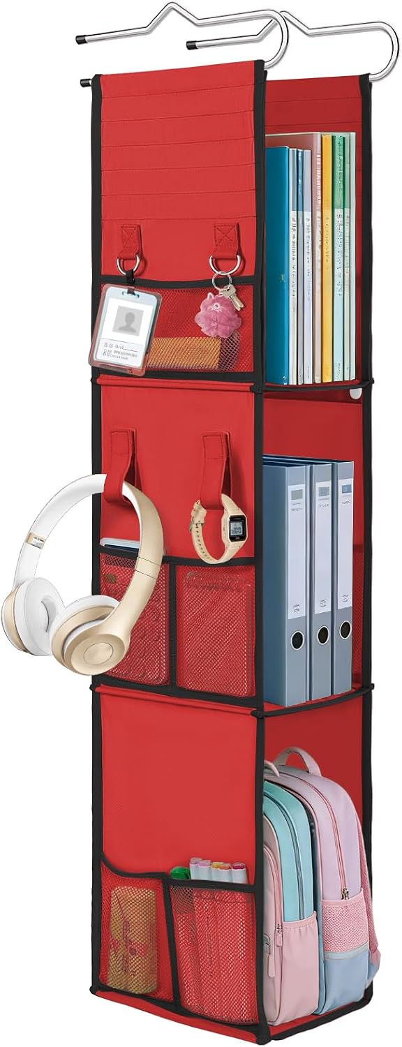 LOVEGRASS 3 Shelf Hanging Locker Organizer with Side Pockets, Red and Black