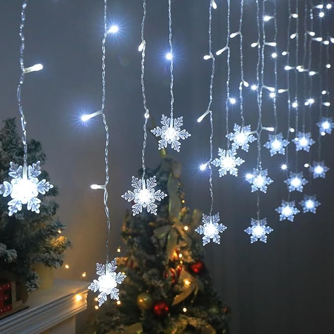 Christmas Snowflakes LED Curtain String Lights 11.5ft/3.5M 96LED Christmas Window Curtain Light Plug in String Light for Christmas Decor,Indoor and Outdoor,Birthday Party,Wedding, Bedroom Patio