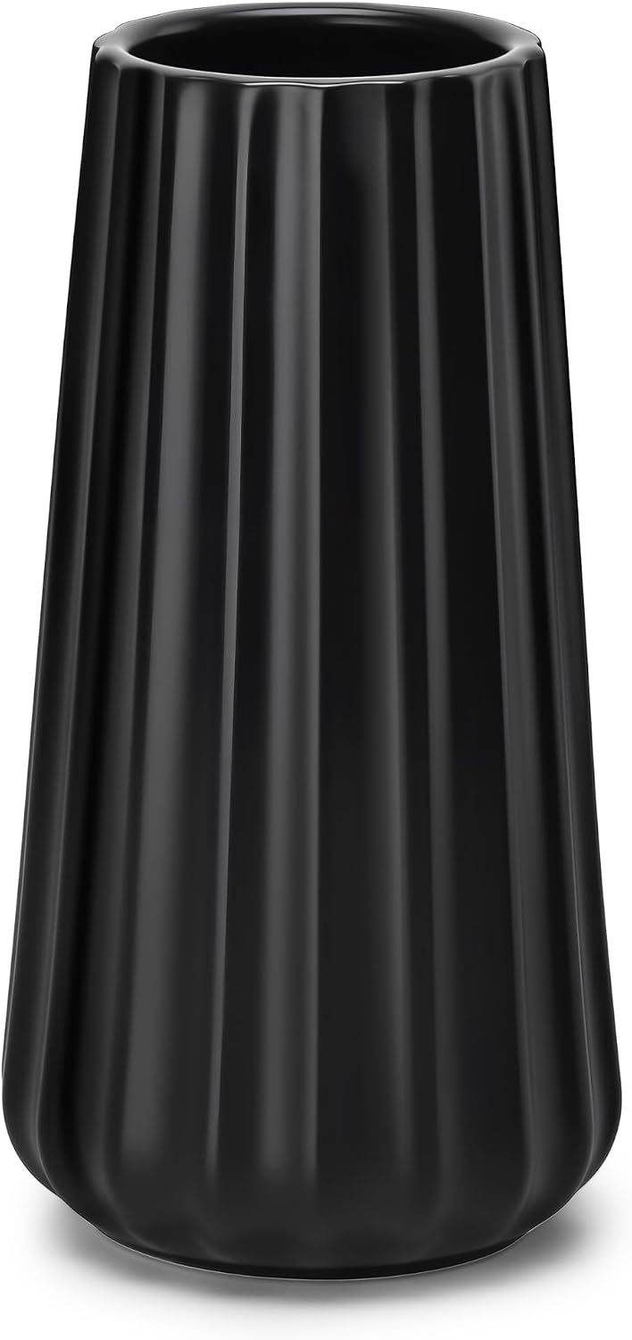 vancasso Ceramic Vase, 7.8 Inch Modern Ribbed Glossy Decorative Vase, Flower vase for Home Decor, Living Room, Bedroom, Office Decor, Black
