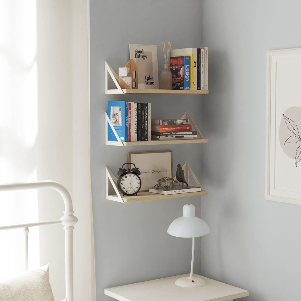 Wallniture Minori Floating Shelves for Wall Storage, Floating Bookshelf Set of 3, Bathroom and Kitchen Organizer Natural Wood Wall Shelves with White Brackets