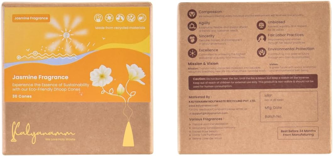 Incense Cones, Jasmine Fragrance, Pack of 30, Natural, Made with Jasmine Oil and Recycled Temple Flowers, Charcoal-Free, Toxin-Free, for Meditation and Aromatherapy