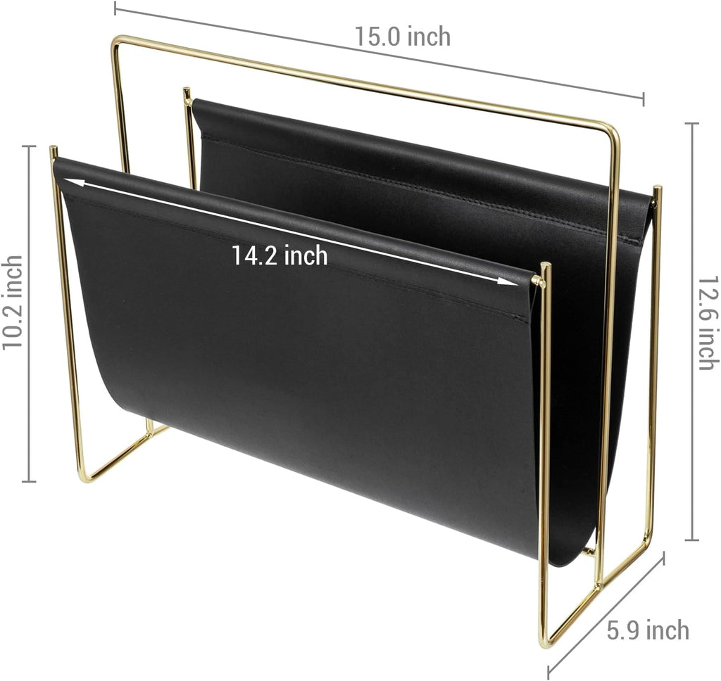 MyGift 15 Inch Black Leatherette Magazine Holder, Brass Metal Floor Rack