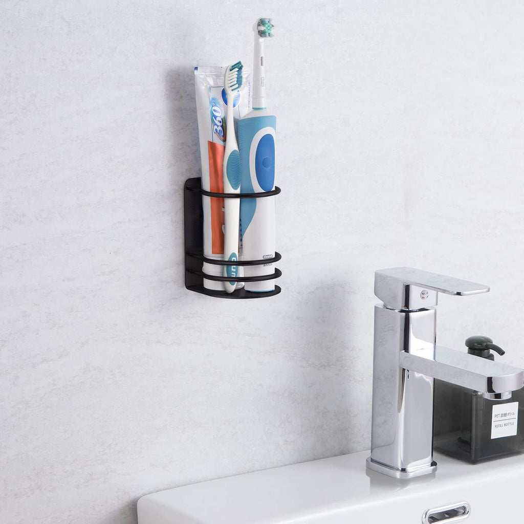 Toothbrush Holder Wall Mounted, Bathroom Storage Stand for Razor, Toothpaste - Self Adhesive, Stainless Steel, Black