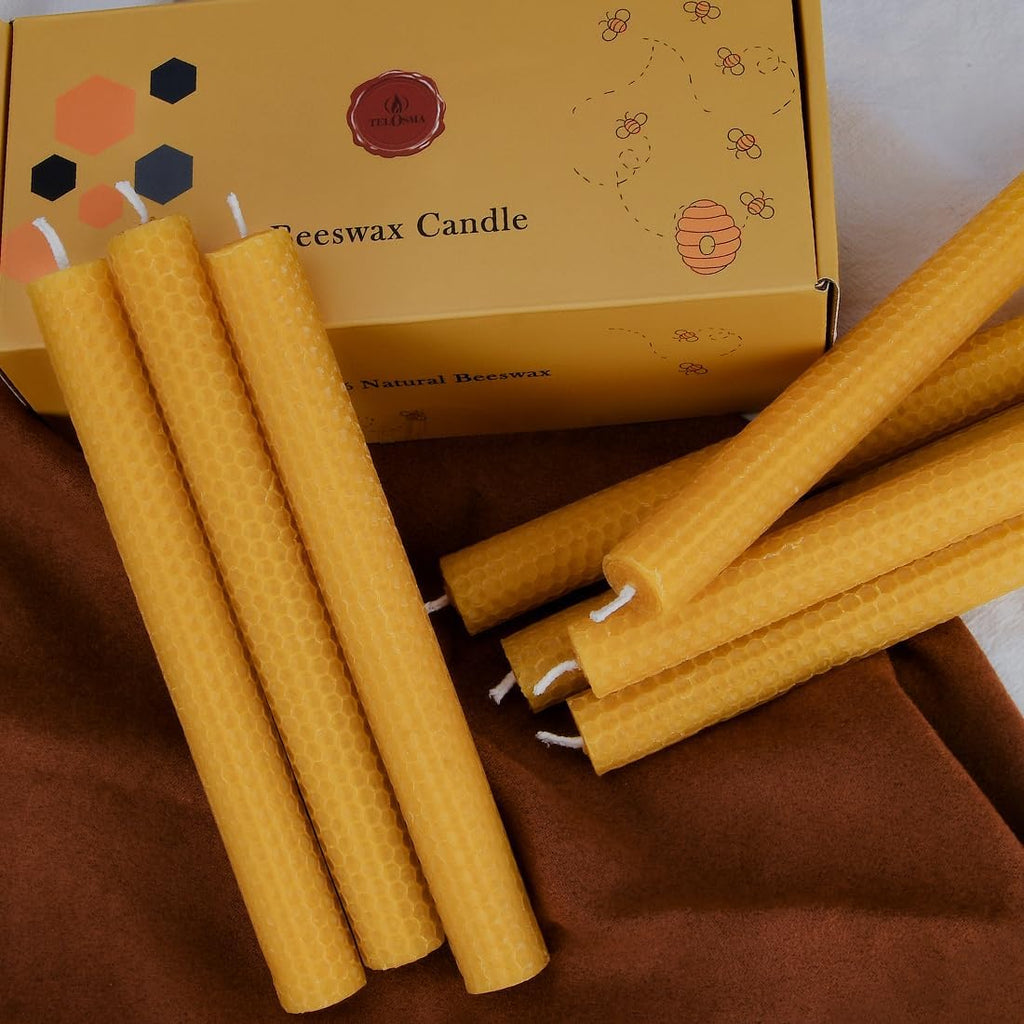 TELOSMA Hand Rolled Beeswax Taper Candles, Natural Yellow, 8 Inch, 12 Pack