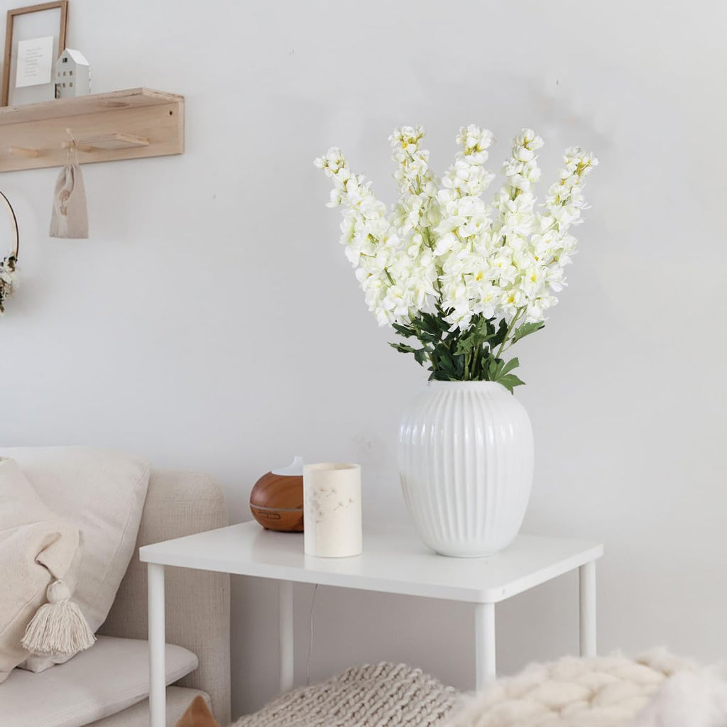 White Delphinium Artificial Flowers,5PCS Faux Larkspur Flowers 39" Long Stem Silk Flowers for Tall Vase Home Wedding Table Decor(White)