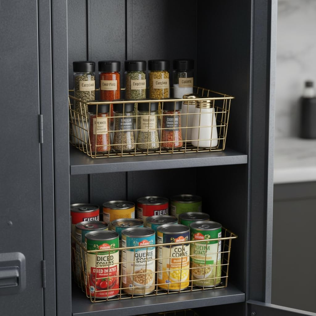 4pcs Wire Kitchen Storage Basket, Farmhouse Pantry Storage Basket Organizer Bins for Shelf, Countertop, Refrigerator, Freezer, Cabinet (Gold)