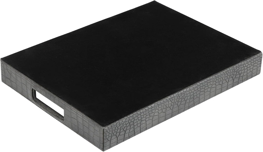 HofferRuffer Rectangle Serving Tray with Hole Handles for Coffee Table, Breakfast, Tea, Food, Butler - Countertop, Kitchen, Vanity Serve Tray, 16.2 x 12.2 x 2 inches, Faux Leather Tray (Dark Grey)