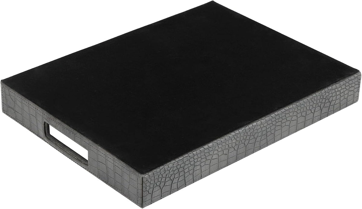 HofferRuffer Rectangle Serving Tray with Hole Handles for Coffee Table, Breakfast, Tea, Food, Butler - Countertop, Kitchen, Vanity Serve Tray, 16.2 x 12.2 x 2 inches, Faux Leather Tray (Dark Grey)