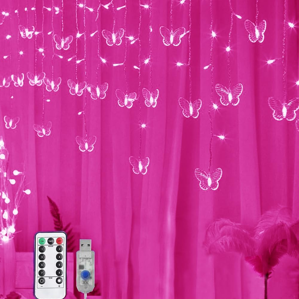 Lainin USB Powered String Light 13FT 96LED Curtain Light 18 Butterflies Strings 8 Mode Fairy Light Strip for Party Indoor Outdoor Room Garden Wall Wedding Christmas Xmas Decorations (Pink)