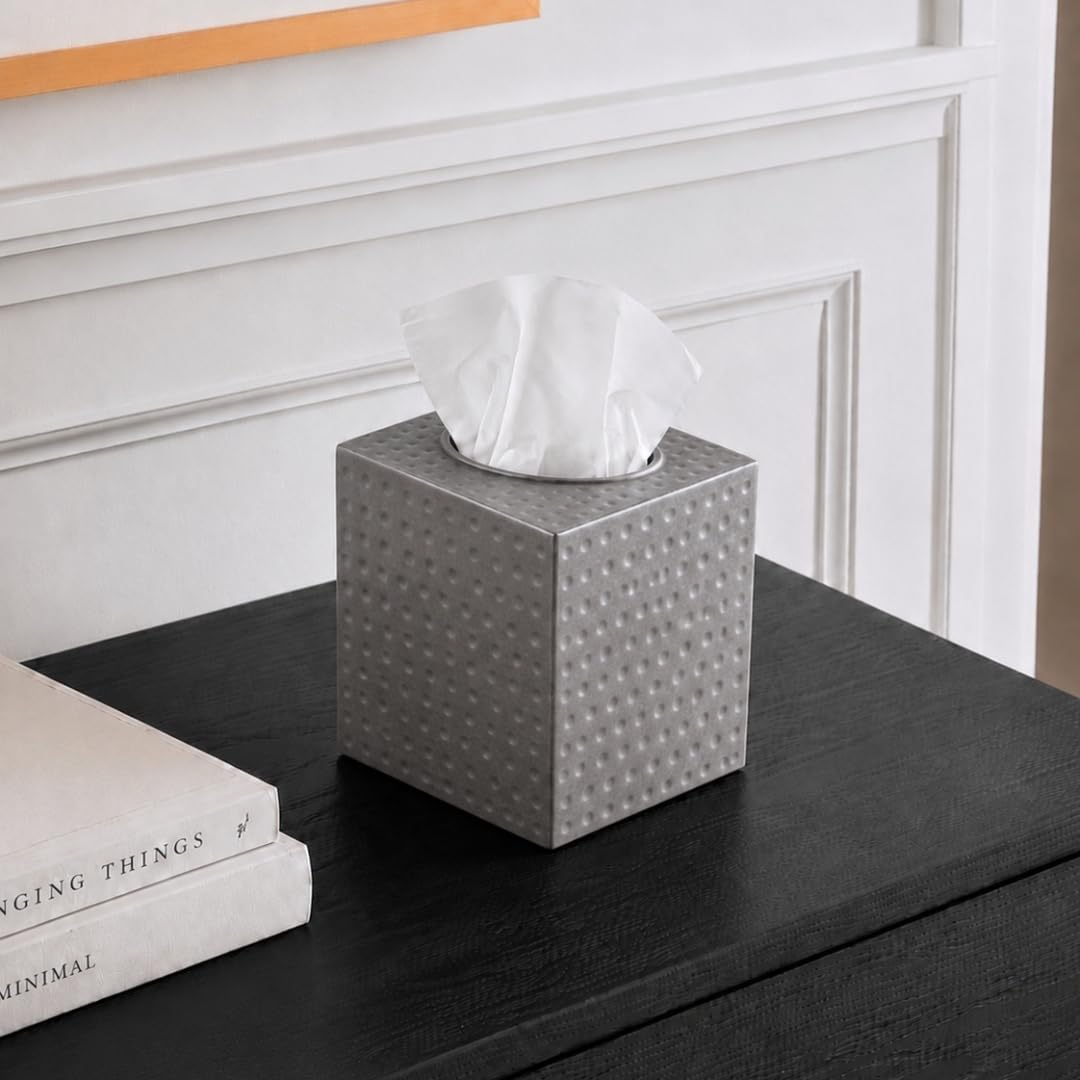 Monarch Abode Tissue Box Cover Square – Hand Hammered Pewter Metal Tissue Holder Box for Bathroom Accessory, Aesthetic Decorative Facial Napkin Cube for Modern Home Decor