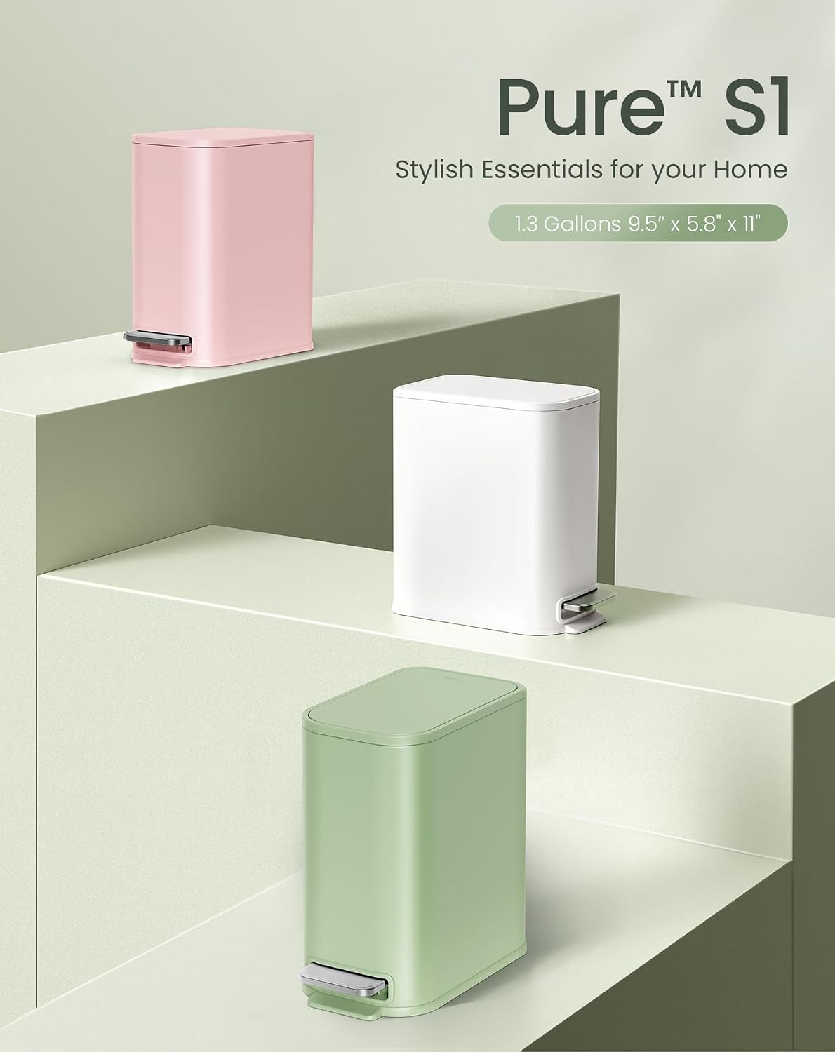 Cesun Small Bathroom Trash Can with Lid Soft Close & Pedal, 1.3 Gal, Pink
