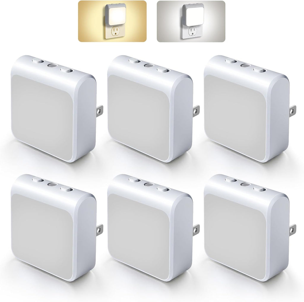 6-Pack Dimmable LED Night Lights Plug into Wall with Dusk to Dawn Sensor, 2 Color in 1 Plug in Night Light 30-60lm Brightness Adjustable, Auto-On/Off Nightlight for Bedroom, Kitchen, Bathroom, Hallway