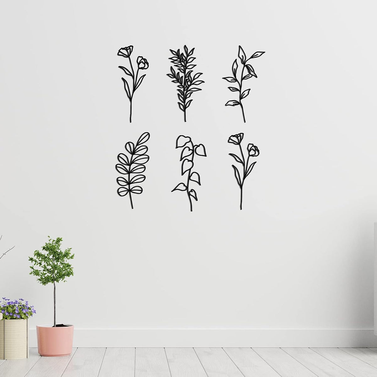 Moxweyeni 6 Pieces Metal Wall Art Minimalist Line Decor Flower Black