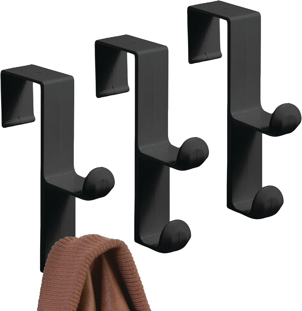 iDesign 3-Pack Over Door Double Hook for Closet, Bathroom, or Dorm, Small Over-The-Door Hanger, Black