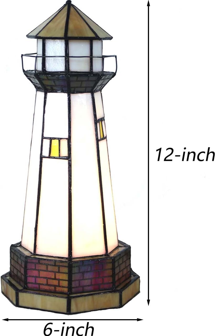 Bieye L10626 Lighthouse Tiffany Style Stained Glass Accent Table Lamp Night Light for Home Decoration (6x6x12, Orange)