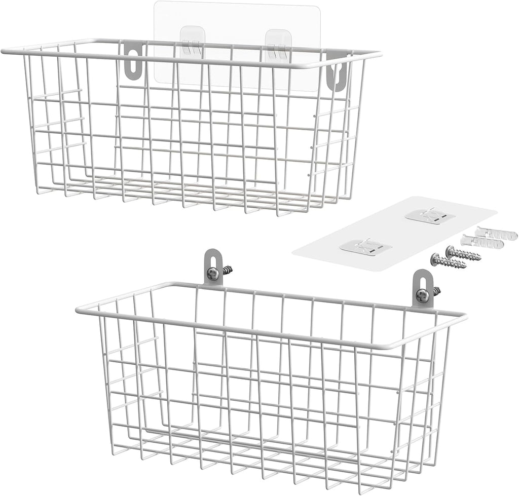 MaraFansie Hanging Kitchen Baskets Wire Storage Basket Adhesive and Screws Basket Over the Cabinet Door Organizer with Adhesive Strips and Screws Accessories, 2 Installations, 2 Pack, White