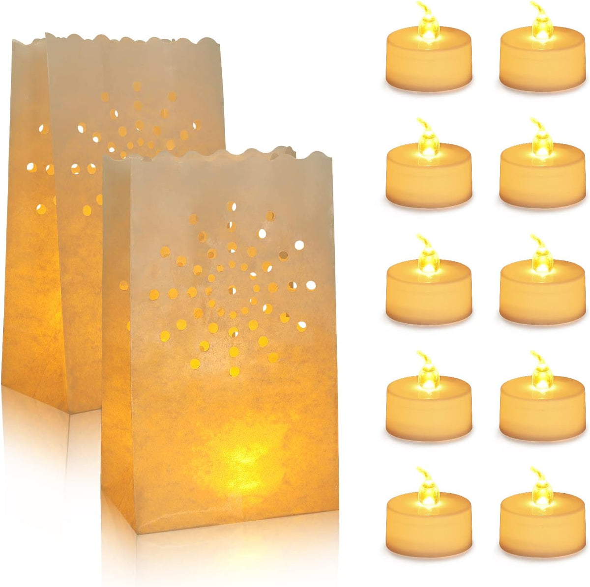 AceList 30 Set Luminaries Bag with Flameless Candles， Flickering LED Tea Lights with Paper Luminary Bags Battery Operation for Wedding Party,Halloween, Thanksgiving, Christmas Decoration（Sun）