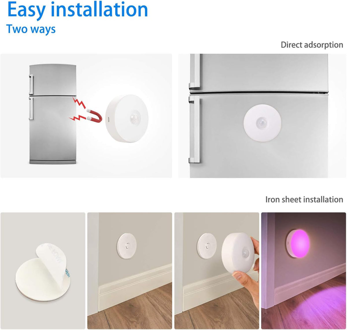 Motion Sensor LED Night Light, Rechargeable, 8 Colors, 3 Modes, for Bedroom, Hallway, Cabinet, Closet, Stairs, Bathroom, Magnetic Stick Anywhere (2 Pack White)