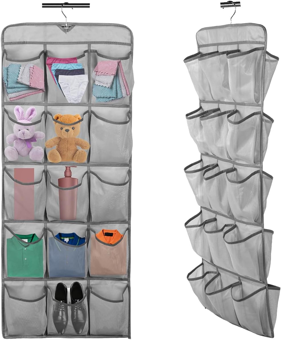 1Pc 30 Large Pockets Dual Sided Hanging Shoe Organizer for Closet Shoe Storage Shelves with 360 Rotating Hanger Space Saving Storage Bag Hanging Shoe Rack for Bedroom Laundry Room,Gray