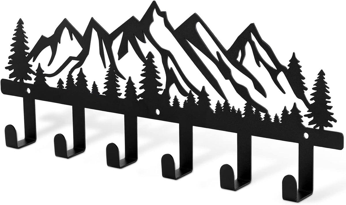 Qmetalart Mountain Metal Wall Coat Rack, Rustic Entryway Hooks