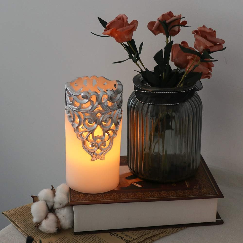 Eldnacele Silver Hollow Flameless Pillar Candles with 5H Timer