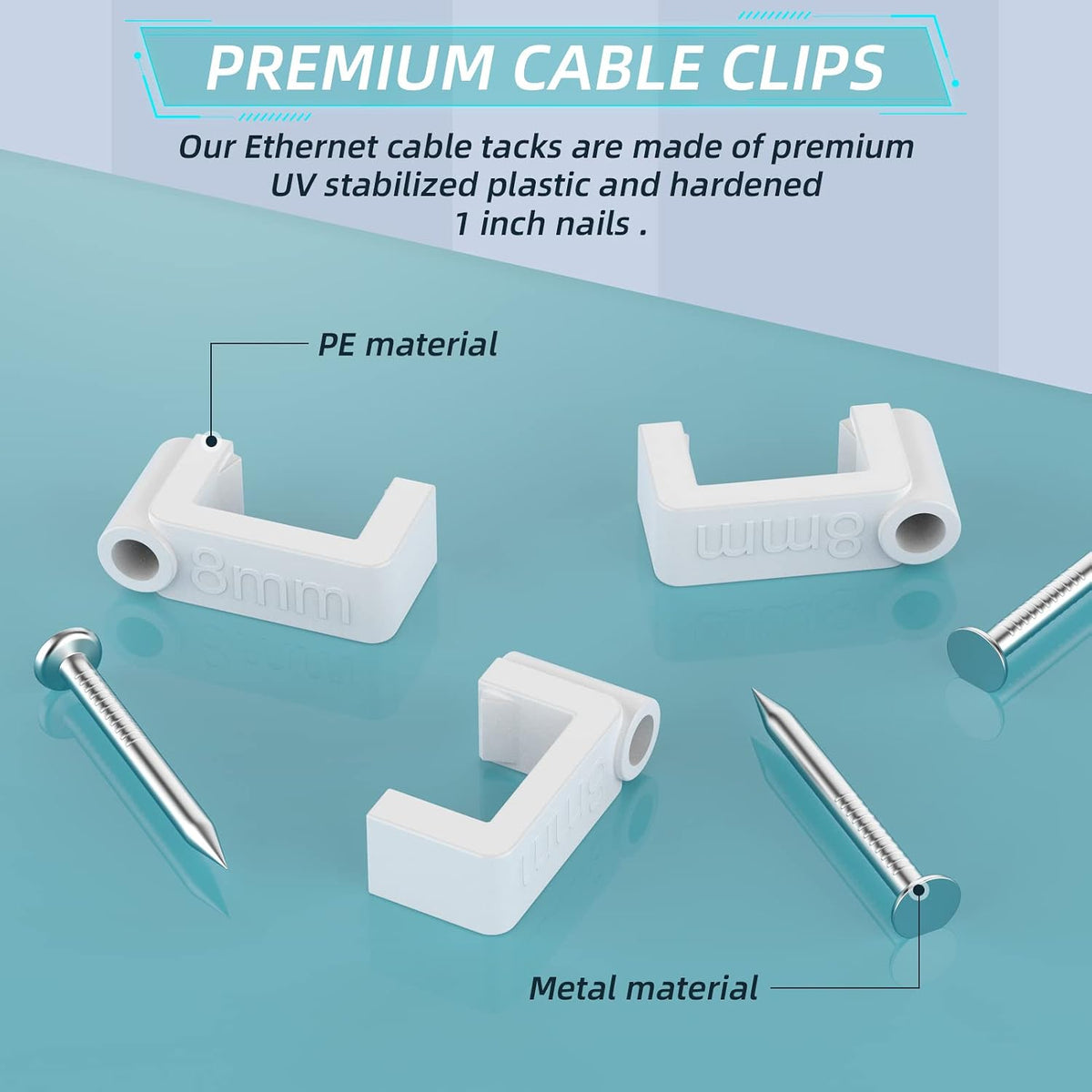 AOPOCKAN TECH Cable Clips White 100 Pieces Ethernet Cable Clips with Steel Nails 8mm Cord Holder for Cat8 Cat7 Cat6 Round Ethernet Cable - 0.32 inch