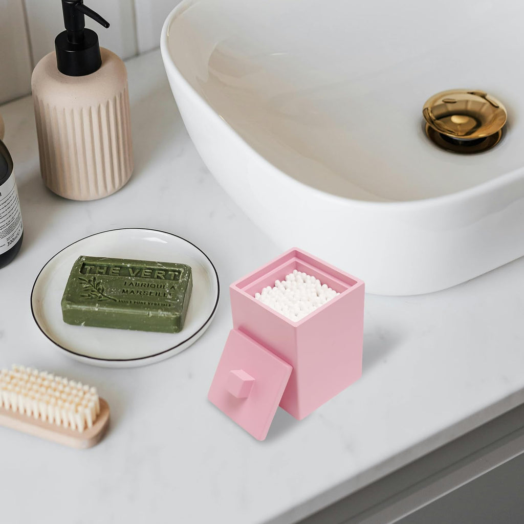 Bathroom Q Tip Holder with lid, Resin ,Square (Matte Pink)