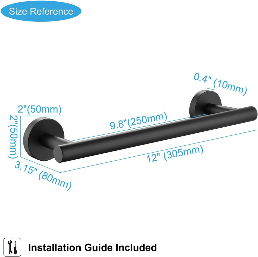 TASTOS 12 Inch Black Single Towel Bar Rack, SUS 304 Stainless Steel Round Bathroom Towel Bar Heavy Duty Towel Holder Kitchen Towel Rod, Wall Mount with Screws Towel Bar Rod Matte Black Finish