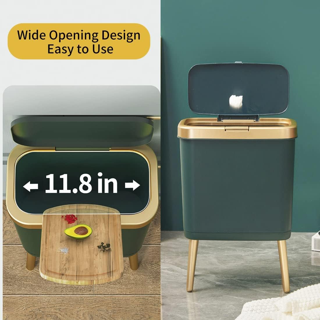 Procade Green Bathroom Trash Can with Lid,4 Gallon Retro Gold Garbage Can