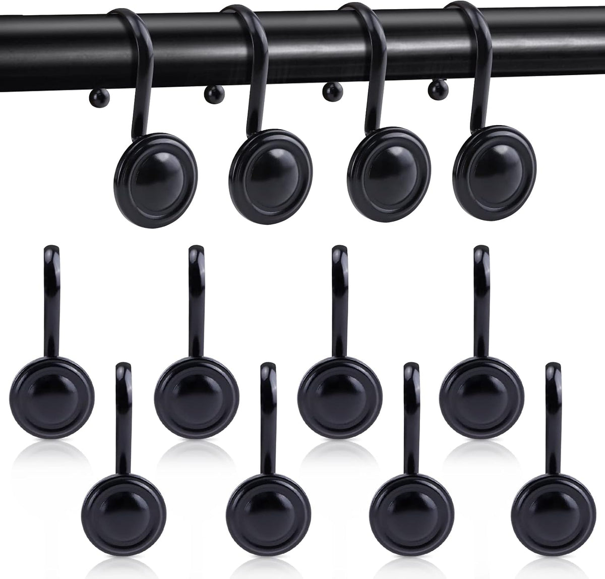 12Pcs Black Shower Curtain Hooks Rust Proof, Metal Shower Hook Round