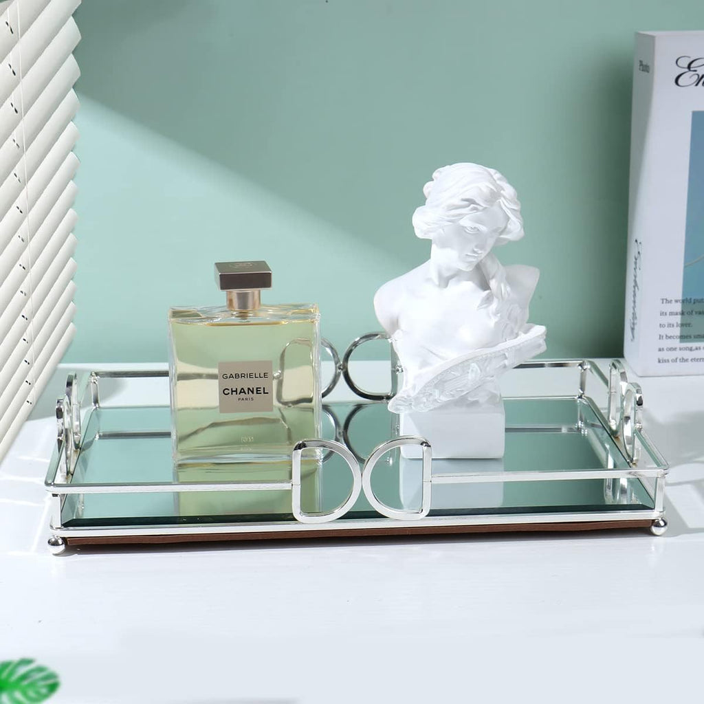 Decorative Tray, Bright Silver, Modern Premium Feeling Perfume Tray, Luxury Rust-Proof Glass Tray for Bathroom, Dresser, Bedroom