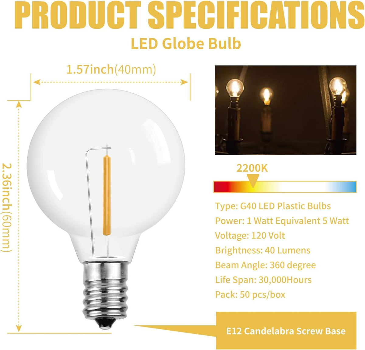 G40 LED String Light Bulbs,1.57 Inch Plastic LED Globe Patio Bulbs for Outdoor String Lights, E12 Candelabra Socket Base,1 Watt Equvalent to 5Watt Incandescent Bulbs,Warm White, 50Pack