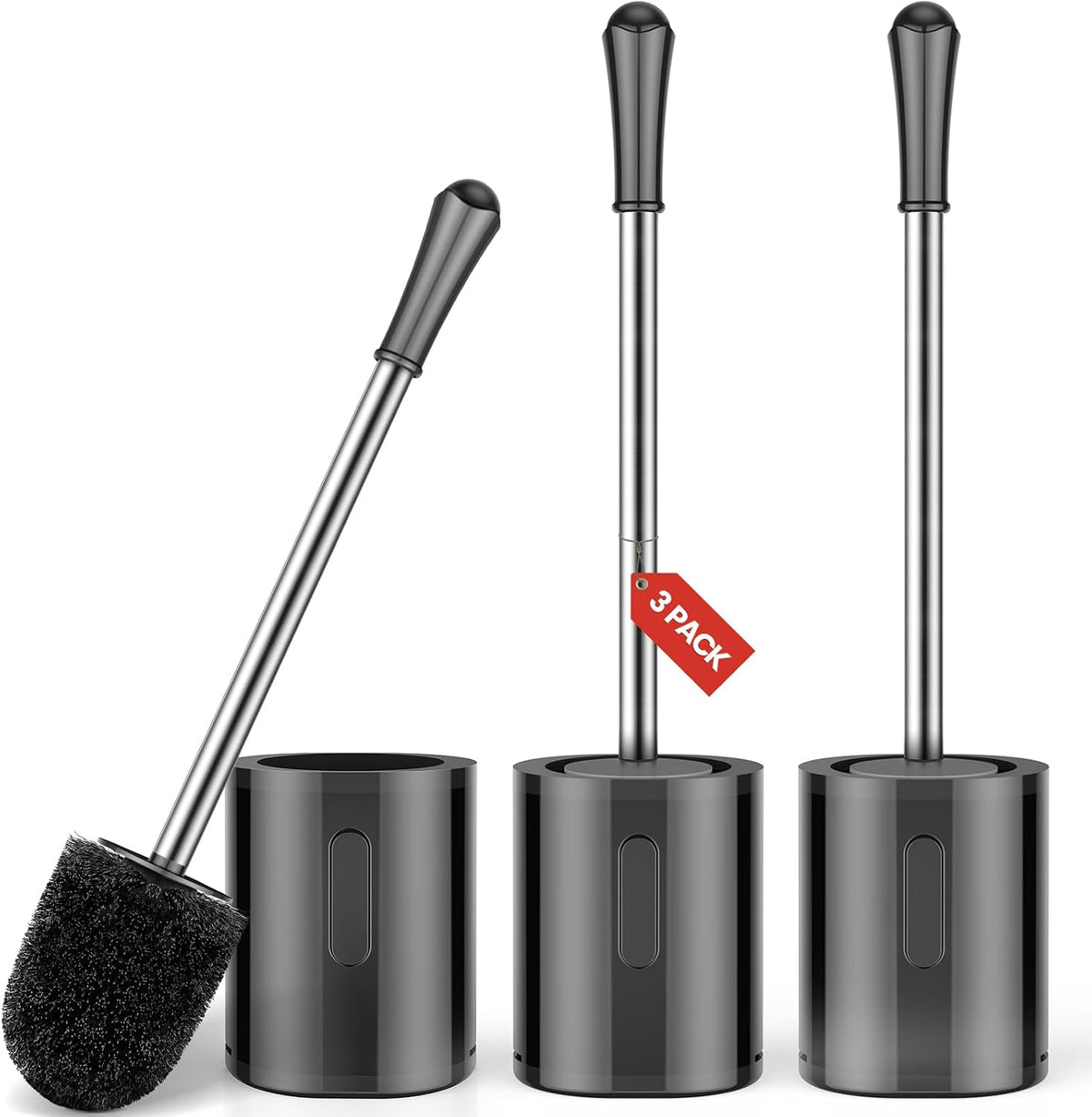Toilet Brush and Holder, 3 Pack Compact Size Toilet Bowl Brush with Stainless Steel Handle, Small Size Plastic Holder Easy to Hide, Space Saving for Storage, Drip-Proof, Easy to Assemble Black