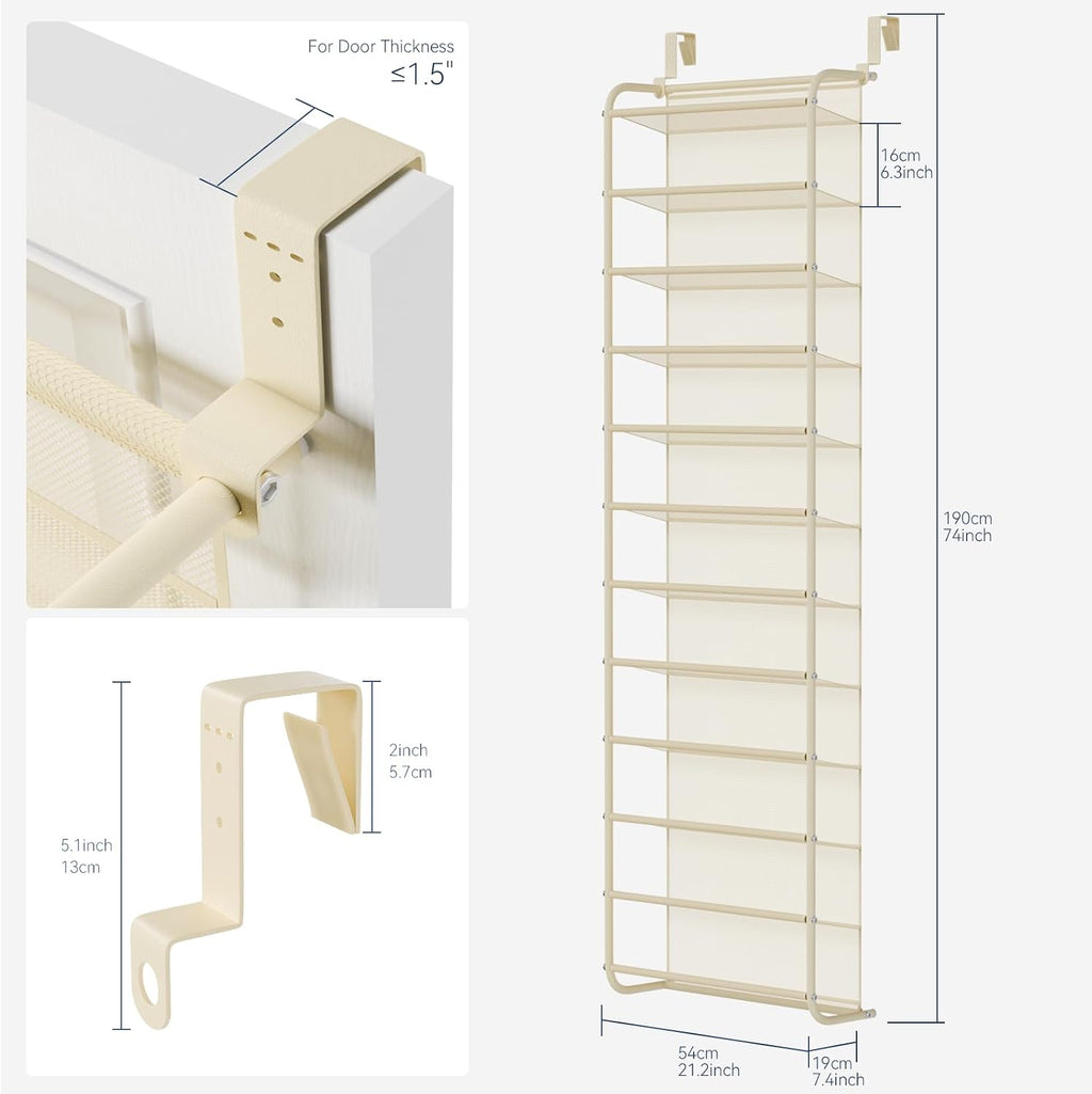 Whitmor 36 Pair Over the Door Shoe Rack,12 Tier Hanging Shoe Organizer with Metal Frame & Mesh Shelves, Heavy Duty Shoe Storage Holder for Door, No Drill Installation, 74" H x 21.7" W x 7.5" D, Beige