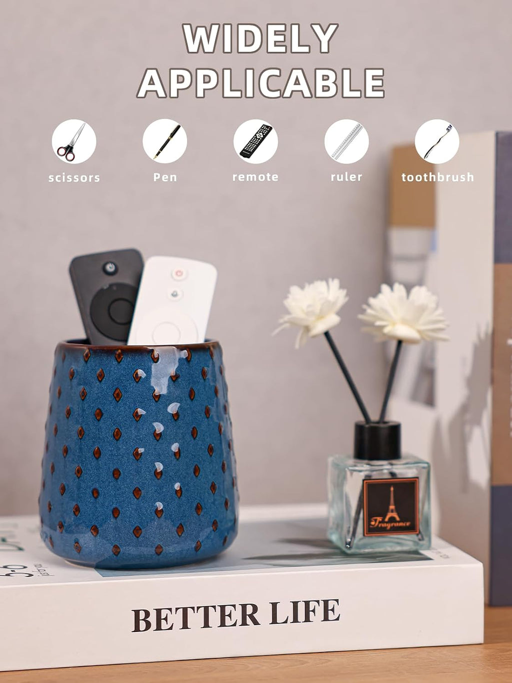 GDCZ Ceramic TV Remote Control Holder, Makeup Brush Pen Holder (Blue)