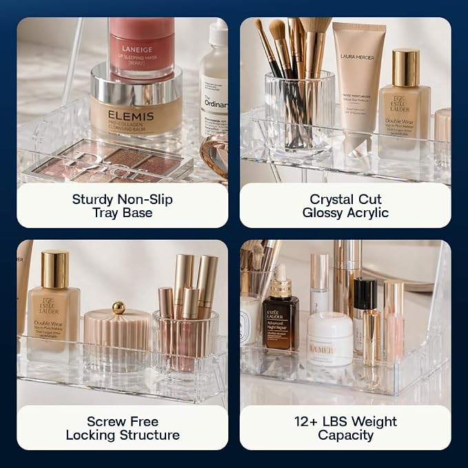 Perfume Organizer for Vanity, Premium Clear Acrylic Makeup Organizer Countertop with Non-Slip Trays, Easy 30-Second Assembly, organizador de maquillaje (Crystal Clear)