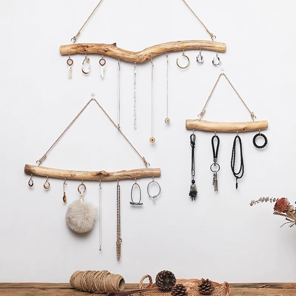Qenk 2Pcs Driftwood Wall Decor, 15 Inch Branch Jewelry Organizer, 5 Hooks