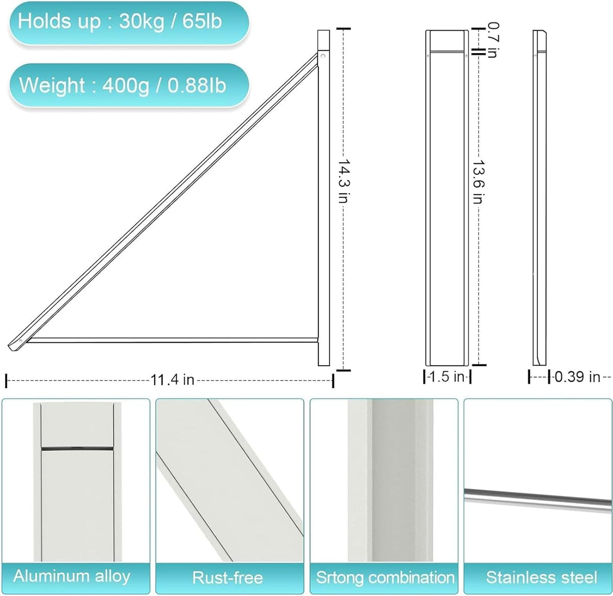 Foldable Wall Mount Drying Rack, 65lb, Space Saving White
