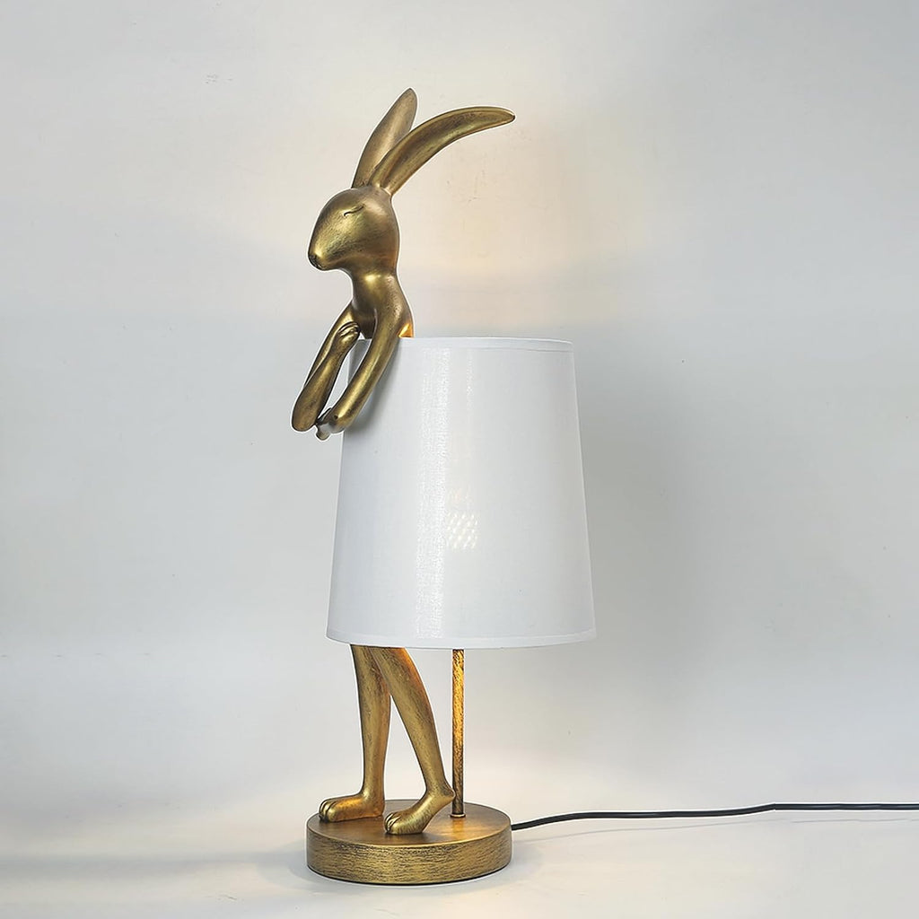 NorDiem Cute Rabbit Animal Table Lamp,Big Size 25.6", Gold Resin Bunny Decor LED Desk Light,White Linen Shade,Home Eye Protection Lamp Office Study Bedside Small Bunny Light (25.6" White Shade)