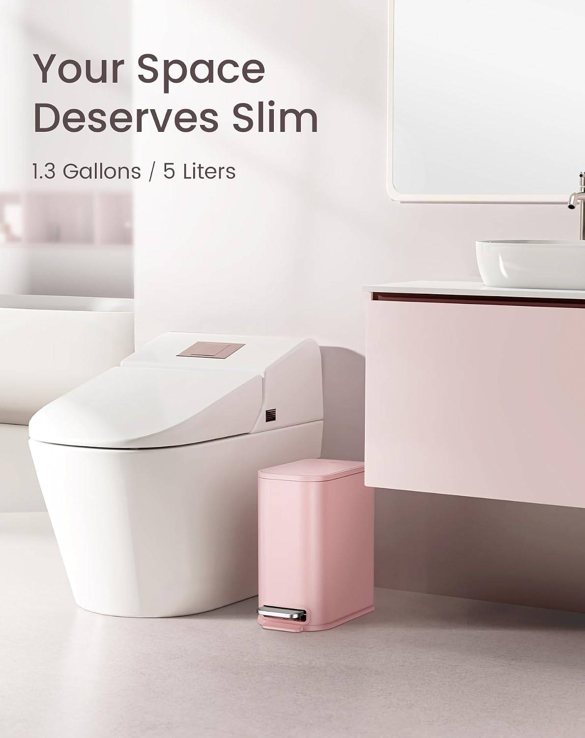 Cesun Small Bathroom Trash Can with Lid Soft Close & Pedal, 1.3 Gal, Pink