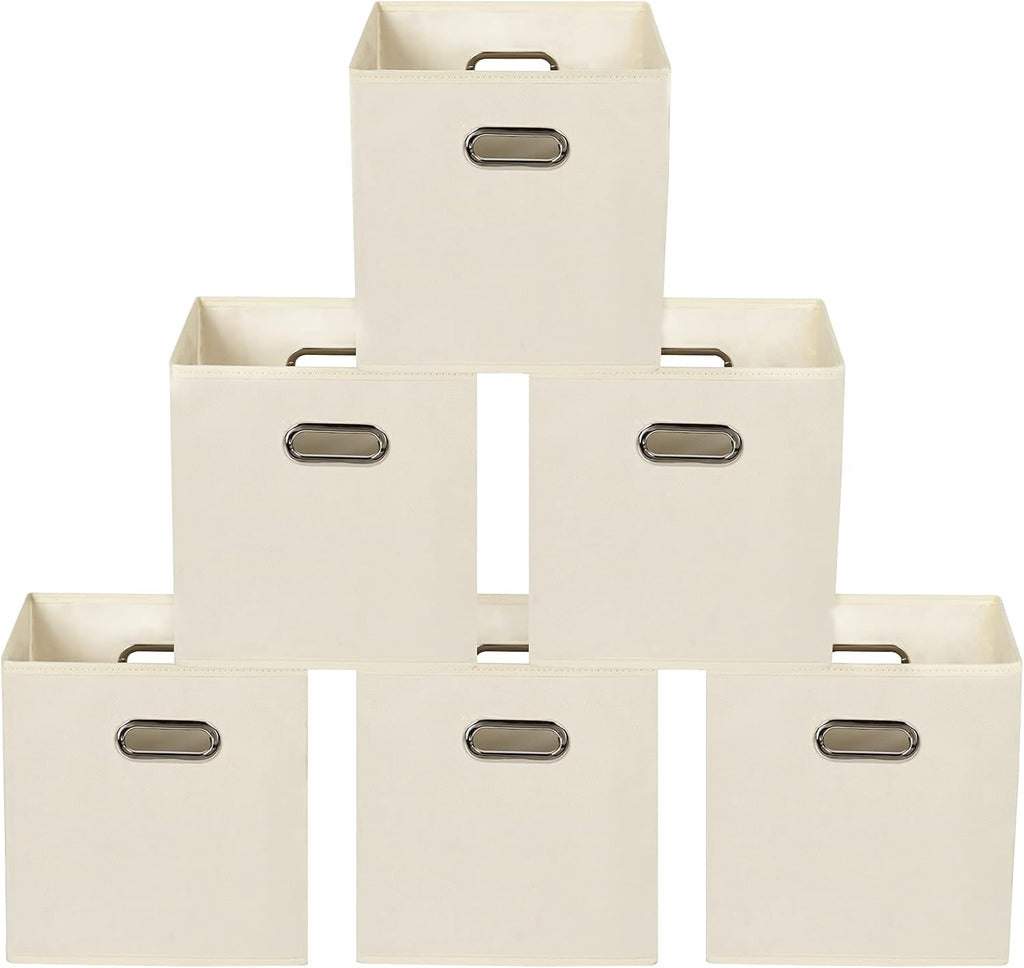 Yunkeeeper storage bins Cubes, Fabric Cube Organizer with Handle, Foldable Cube Bins for Cloth or Accessary Storage, 11x11x11, Set of 6, (Creamy White)